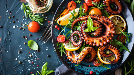A plate viewed from above showcasing freshly grilled octopus served with assorted vegetables - obrazy, fototapety, plakaty