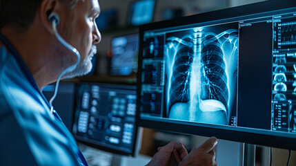 A doctor performs a medical examination using x-rays and photography of the respiratory organs - obrazy, fototapety, plakaty