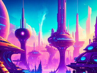 Colorful fantasy futuristic city illustration background