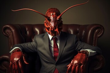 
Businessman dressed in a suit with the head of a lobster, representing assertiveness and confidence in the corporate world
