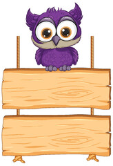 Adorable purple owl perched on empty signboards.