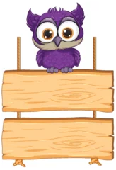 Deurstickers Kinderen Adorable purple owl perched on empty signboards.