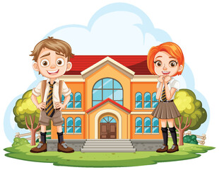 Two cheerful students standing in front of school. - 775620274