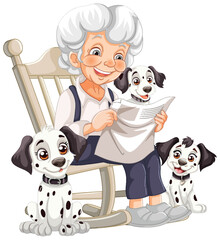 Elderly woman enjoys reading with three cute dogs. - 775620403