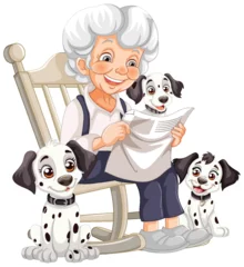 Photo sur Aluminium Enfants Elderly woman enjoys reading with three cute dogs.