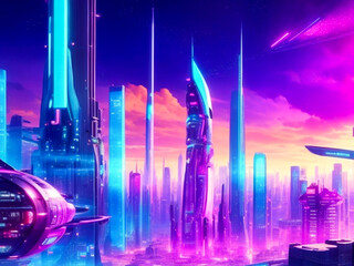 Colorful fantasy futuristic city illustration background