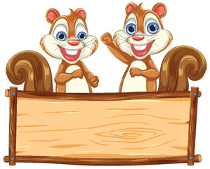 Two happy squirrels presenting an empty wooden sign.