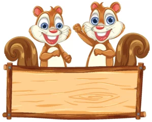Fotobehang Two happy squirrels presenting an empty wooden sign. © GraphicsRF