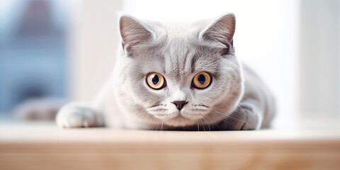 British Shorthair cat lying on white table