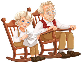 Happy senior couple sitting together on wooden rockers - 775620683