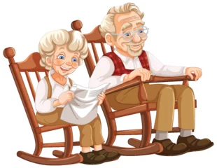 Poster Kinderen Happy senior couple sitting together on wooden rockers