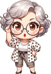 Fototapeta premium Fashionable Chibi Grandma with Glasses Watercolor Clipart Isolated 