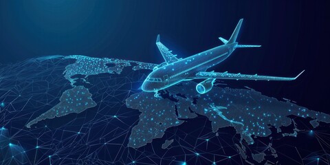 Abstract airplane, digital airliner and world map concept in dark blue background. Low poly mesh...
