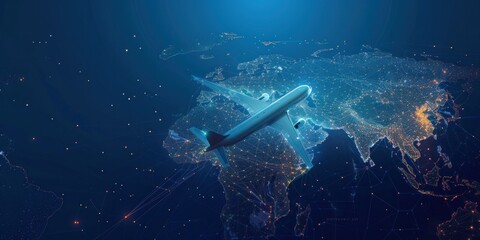 Abstract airplane, digital airliner and world map concept in dark blue background. Low poly mesh with points, lines