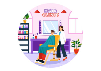 Hair Clinic Vector Illustration with Hairdresser, Haircut, Haircare and Hairstyle in Beauty Salon or Barber in Flat Cartoon Background