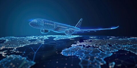 Abstract airplane, digital airliner and world map concept in dark blue background. Low poly mesh...