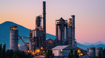 Fototapeta premium Drone view of a cement factory with a tall concrete factory structure.