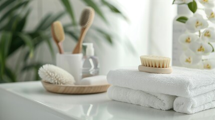 Fototapeta na wymiar The bathroom background has soap and shampoo. and towels piled on a white table