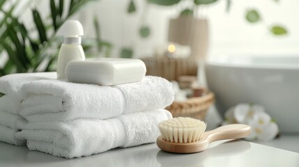 Fototapeta na wymiar The bathroom background has soap and shampoo. and towels piled on a white table