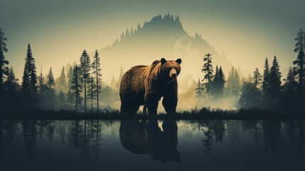 Bear with exposure against forest trees animals in nature
