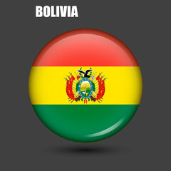 Obraz premium National flag of Bolivia with coat of arms in the form of a circle.Vector. Round 3d flag icon with high detail. Spherical flag illustration.