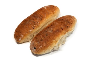 Two bread rolls on a white background