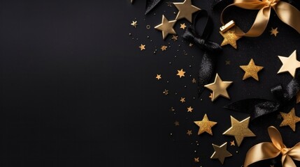 Golden Christmas decorations on black background