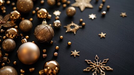 Golden Christmas decorations on black background