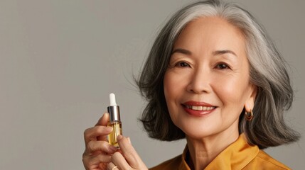 Obraz premium Closeup cut portrait of happy smiling senior mature older Asian woman holding pipette