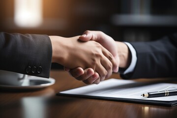 Close-up of two business people shaking hands, over a table with a document, negotiating in office - obrazy, fototapety, plakaty
