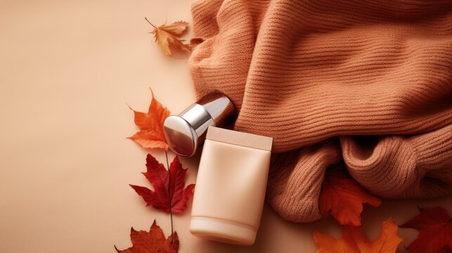 Cosmetic products with fabric and accessories on autumn background