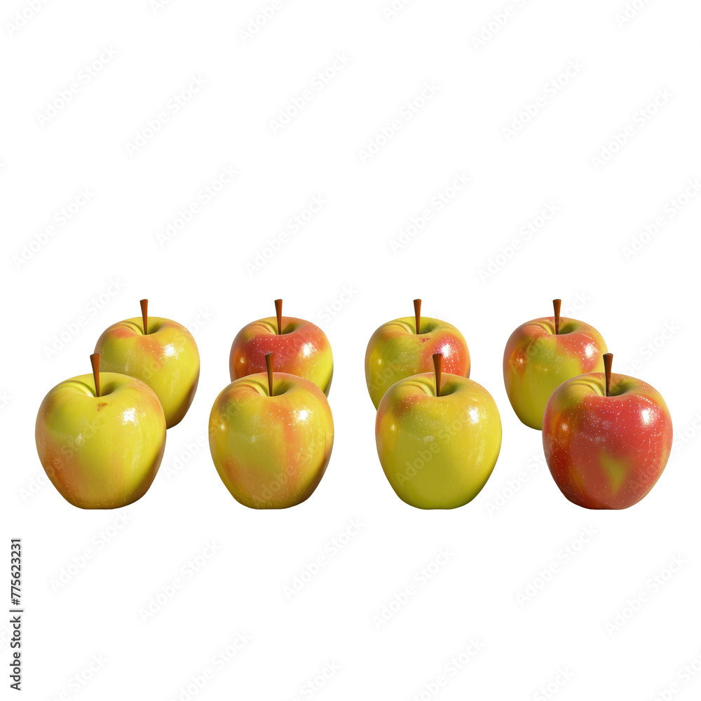 Poster five apples in a row on transparent background