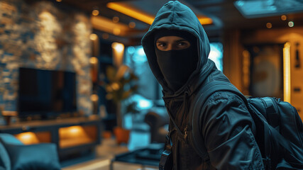 A robber man in a hooded jacket and face mask holds a bag full of cash, their eyes conveying a sense of mystery and urgency in a house living room. - obrazy, fototapety, plakaty