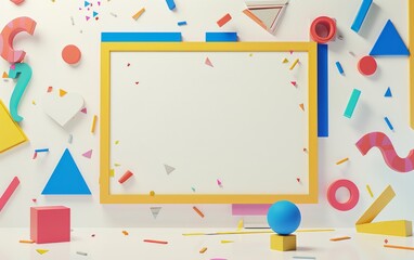 A whiteboard with a colorful frame of shapes in the middle of the design with a scattering of square and triangle color shapes and a completely white background