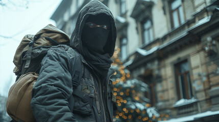 A robber man in a hooded jacket and face mask holds a bag full of cash, their eyes conveying a sense of mystery and urgency in a house living room. - obrazy, fototapety, plakaty