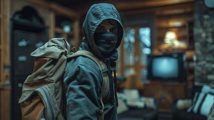 A robber man in a hooded jacket and face mask holds a bag full of cash, their eyes conveying a sense of mystery and urgency in a house living room.
