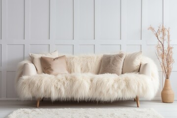Fototapeta na wymiar comfy sofa with beige furry sheepskin cover and pillows against the wall
