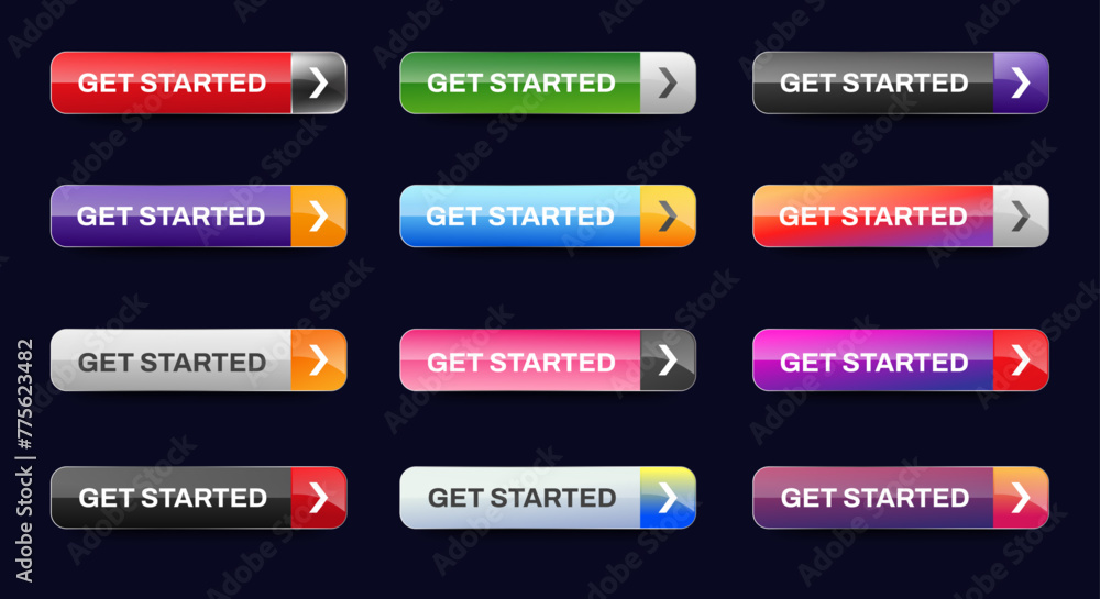 Wall mural get started icon buttons design. colorful get started button pack for website, ads, ui, and project.