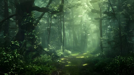 Gordijnen Serene forest path winding through towering trees and lush undergrowth. © dekreatif