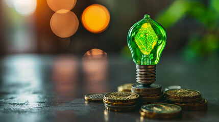 Alternative or renewable energy financing program, financial concept Green eco friendly or sustainable energy symbols atop five coin stacks e.g a light bulb, a rechargeable battery, solar cell panel.