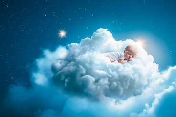 Obraz na płótnie Canvas Adorable baby sleeping in clouds like little angel. newborn baby sleeping in clouds floating