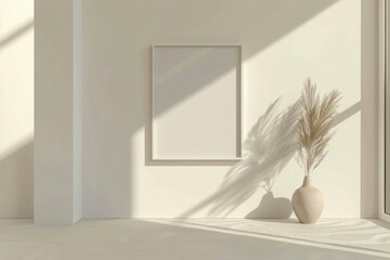 Sunny room corner with a blank white frame beside a vase of dried pampas grass, casting gentle shadows