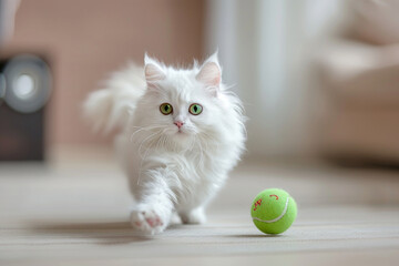 Fototapeta na wymiar Playful happy cute white pet Persian cat playing, running and bringing a tennis toy ball.