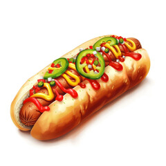 Hot dog. Hotdog illustration. White background. Ketchup and mustard. Jalapeno chillies. 