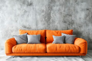 A bold orange sofa accented with soft gray pillows, set against a dramatic gray concrete wall, offers a statement piece in a contemporary setting.