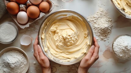 Art of baking captured in the swirling batter of a Victoria sponge cake, hands at work - obrazy, fototapety, plakaty