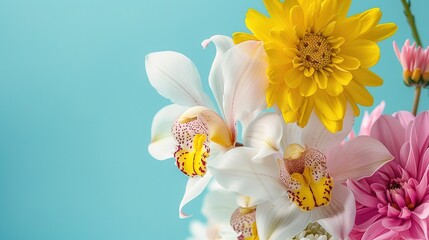 Orchid flower and chrysanthemum flower against blue background  ,Generative ai, 
