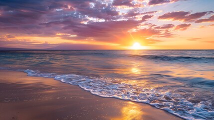 Ocean sunset ablaze with vibrant hues of orange, pink, and purple. - obrazy, fototapety, plakaty