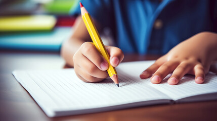 Closeup of a child writing in a notebook at the table