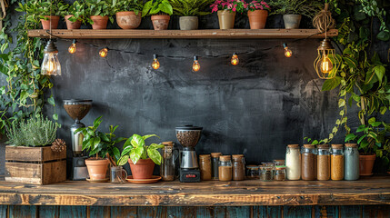 Rustic cafe interior, chalkboard, decorative plants. Copy space - obrazy, fototapety, plakaty